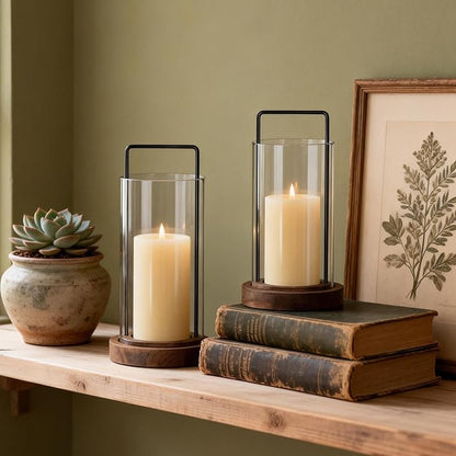 Houmury Set of 2 Brown Hurricane Candle Holders Lantern 12” & 10”with Wood Base Metal Handle Glass Cylinder Modern Farmhouse Decor for Home Decor, Table Centerpieces (Brown)