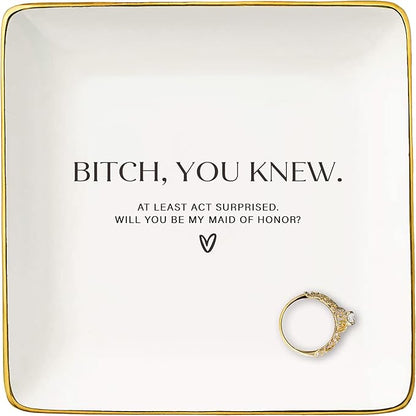 NZY Maid of Honor Proposal Gifts from Bride-Wedding Gifts for Bridesmaid-Bachelorette Party Present for Her Besties Friends Women-Jewelry Tray Trinket Holder Ring Dish-Will You Be My Maid fo Honor