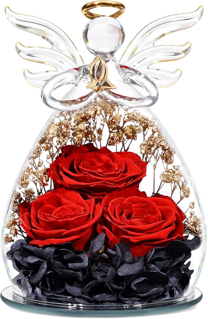 Beferr Valentines Day Rose Gifts for Her Women Mom Gifts for Birthday, Fresh Flowers for Delivery Prime Forever Preserved Rose in Glass Angel Figurine, for Grandma Wife Kids Daughter