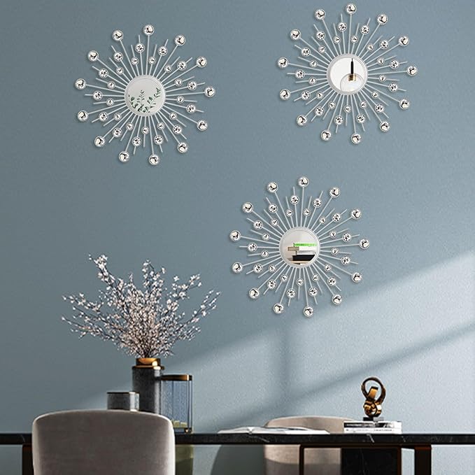 Uaussi 3 Pack Crystal Sunburst Wall Mirror Décor Rhinestone Mirrors Decorative Home Wall Art for Living Room Bedroom Entryway(Crystals Silver)