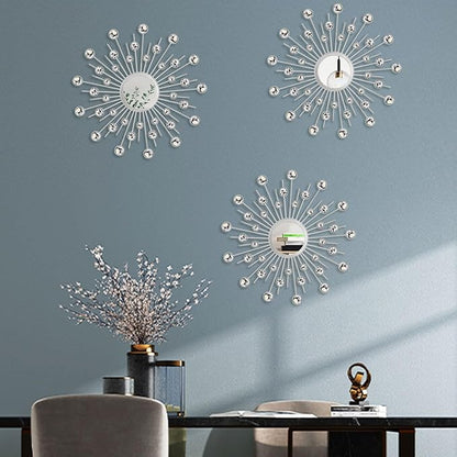 Uaussi 3 Pack Crystal Sunburst Wall Mirror Décor Rhinestone Mirrors Decorative Home Wall Art for Living Room Bedroom Entryway(Crystals Silver)