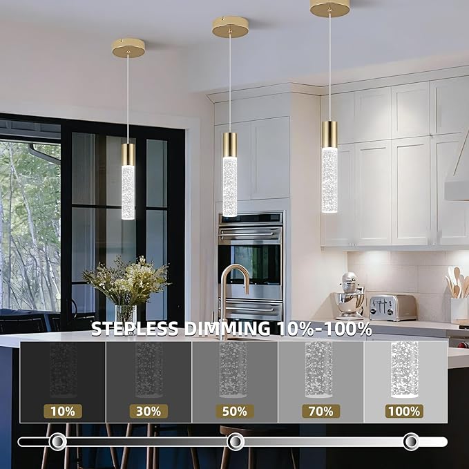 OKELI Modern Pendant Lights,LED Bubble Crystal Kitchen Island Light Fixtures,Mini Single Pendant Lighting for Kitchen Island,Bar,6W,6000K,Gold,3Pack