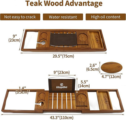 Utoplike Teak Bathtub Caddy Tray Bath Tray for Tub, Unique Bathtub Organizer with Book Tablet Wine Glass Cup Towel Holder, Adjustable, for Your Loved