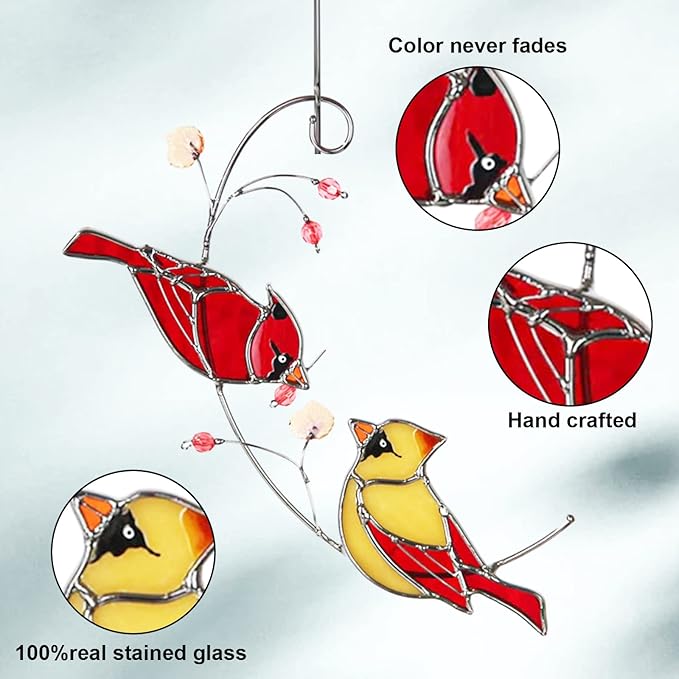Stained Glass Cardinal Suncatchers for Women Gifts,Male & Female Cardinal Sun Catcher Stained Glass for Window Hangings,Red Birds Sun Catchers for Christmas Dec, Rememberce Gifts for Bird Lovers