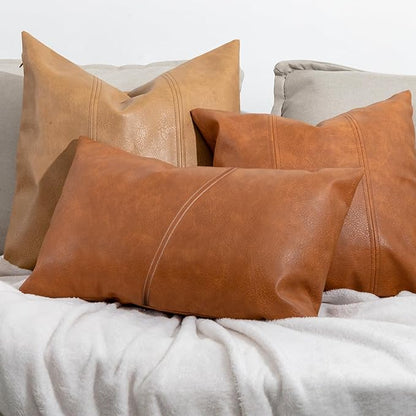 Faux Leather Throw Pillow Covers 12X20 Inch Barcelona Brown Outdoor Modern Farmhouse Solid Decorative Pillow Covers for Room Couch Living Bedroom Bed Sofa