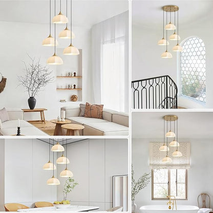 Modern 5 Light Brushed Gold Pendant Lighting Mid Century Milk Glass Cluster Pendant Lights Kitchen Island Adjustable Brass Hanging Chandelier Vintage White Ceramic Light Fixture MPL17-5R GD