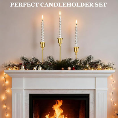 Mellotesy Taper Candle Holders Set of 3 - Tall Vintage Brass Gold Candlesticks for Dining Table, Wedding Centerpiece, and Mantel Decor