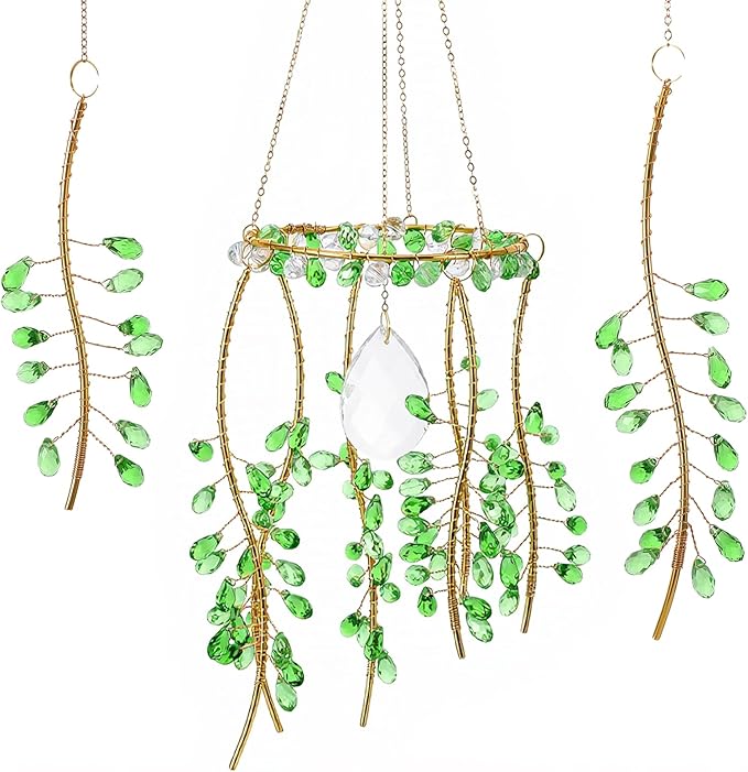3 PCS Crystal Suncatchers, Suncatchers for Windows Hanging Green Plant Sun Catchers with Chain Suns Catchers Indoor Window Hanging Light Catcher for Home Garden Decor Plant Lover Gift