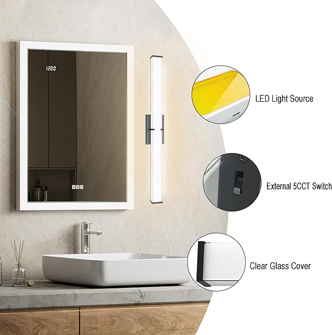 24.8Inch 2500LM Bathroom Light Fixtures 5CCT Optional, Black Modern LED Vanity Lights Clear Shade, Dimmable Bathroom Lighting Fixtures Over Mirror - ETL Listed