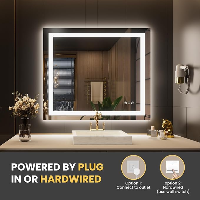 LOAAO 44"X36" LED Mirror for Bathroom, Lighted Bathroom Mirror with Lights, Anti-Fog, Dimmable, Memory Function, Easy to Install, Clear Reflection