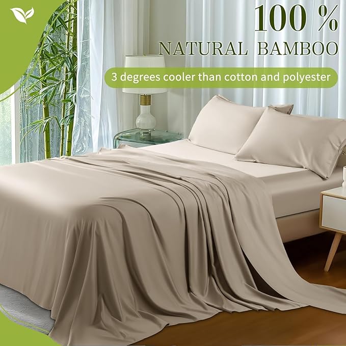 Shilucheng 100% Viscose Derived from Bamboo_ Sheets Full Size 4pcs - Ultra Cooling & Silky Soft Bed Sheets, 16" Deep Pocket, Perfect for Hot Sleepers, Hotel Bedding Sheets (Simply Taupe)