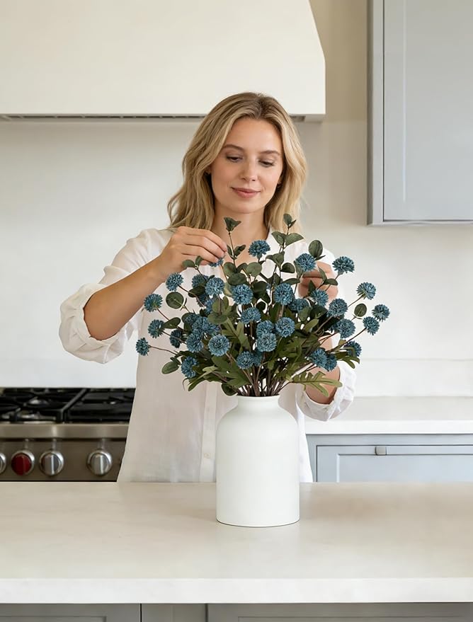 BLOSMON Blue Flowers Artificial for Decoration: Ceramic Vase with 12 Stems of Dusty Blue Flowers Fake Mums Kiku Eucalyptuses for Home Table Centerpieces - Faux Pom Poms Floral Arrangement Dining Room