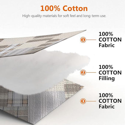 Quilts King Size - King Quilt Bedspread Sets, 100% Cotton Patchwork Quilt Bedding Set for King Bed, 3 Pieces Plaid Farmhouse Reversible Rustic Lightweight Quilted Quilt Bed Spread