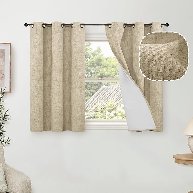 Lajode 40 Inch Length Linen Blackout Curtains for Short Cafe Window, Thermal Insulated Light Blocking Soundproof Privacy Burlap Curtains 2 Panels, Each 38 Inch Wide Burlap