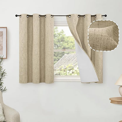 Lajode 40 Inch Length Linen Blackout Curtains for Short Cafe Window, Thermal Insulated Light Blocking Soundproof Privacy Burlap Curtains 2 Panels, Each 38 Inch Wide Burlap