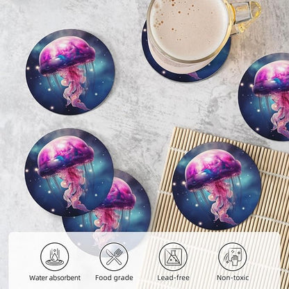 6 Pcs Ceramic Coasters with Holder Absorbent Drink Round Galaxy Gellyfish Design for Home Table Coffee Cup Wine Beer Bar,Size 4.4 inches