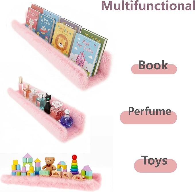 1PC Plush Bookshelf for Kids, Soft Hanging Book Display Shelf for Nursery Wall, Easy Mount Floating Bookshelf Display Organizer, Unique (Pink)