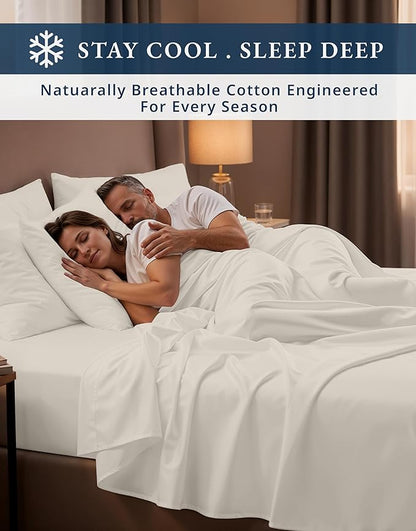LANE LINEN 100% Egyptian Cotton King Size Bed Sheets, Machine Washable Naturally Temperature regulating Sustaibable No Pill Fade Resistant King Size Sheets Set Cotton - Sea Salt