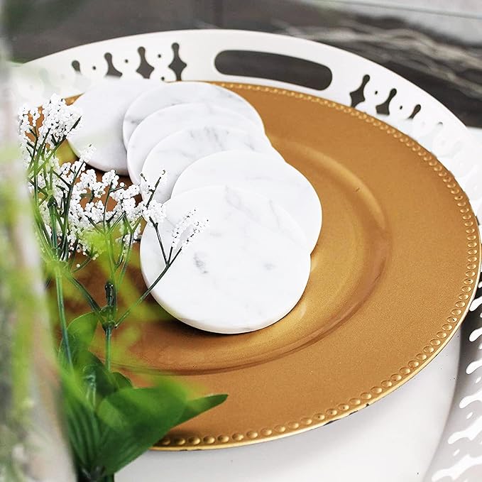 Coasters for Drinks - Set of 6 Modern Coasters - 4" Wide Drink Coasters - Made from Real Solid Marble White Marble Coasters Round Shape