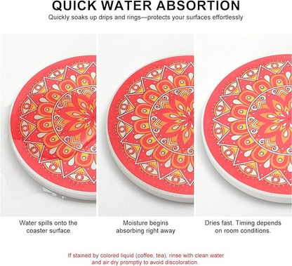 Ceramic Coasters Set of 6 with Holder, Mandala Style, Absorbent Drink Coaster Set for Home Decor, Cups, Mugs and Glasses (Pink Mandala)