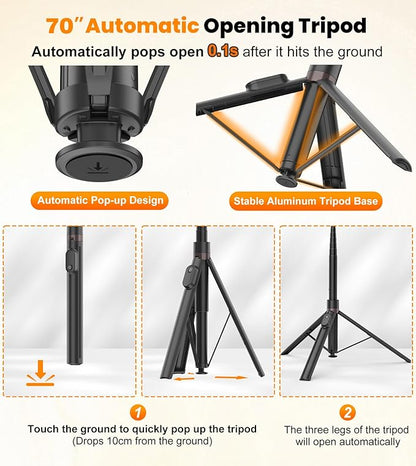 TONEOF 70" Automatic Phone Tripod with Magnetic Rechargable Remote,Selfie Stick 360° Vertical & Horizontal Rotatable,Stable for iPhone/Android(Black)