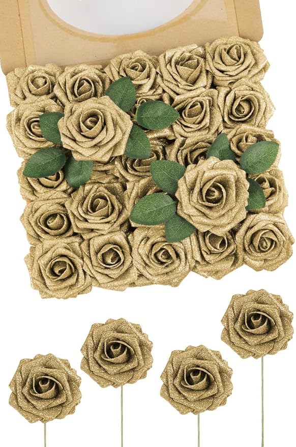 N&T NIETING Artificial Flowers Glowing Gold Flowers Foam 25pcs Glitter Roses Real Looking Fake Roses with Stem for DIY Wedding Bouquets Centerpieces Bridal Shower Party Home Decorations