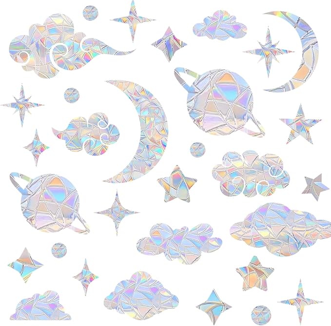 60 Pieces Star Moon Sun Catcher Window Clings for Glass Windows, Anti-Collision Stickers Star Moon Decals Prevent Bird Strikes, Cloud Planet Rainbow Prismatic Clings Non Adhesive Window Deco