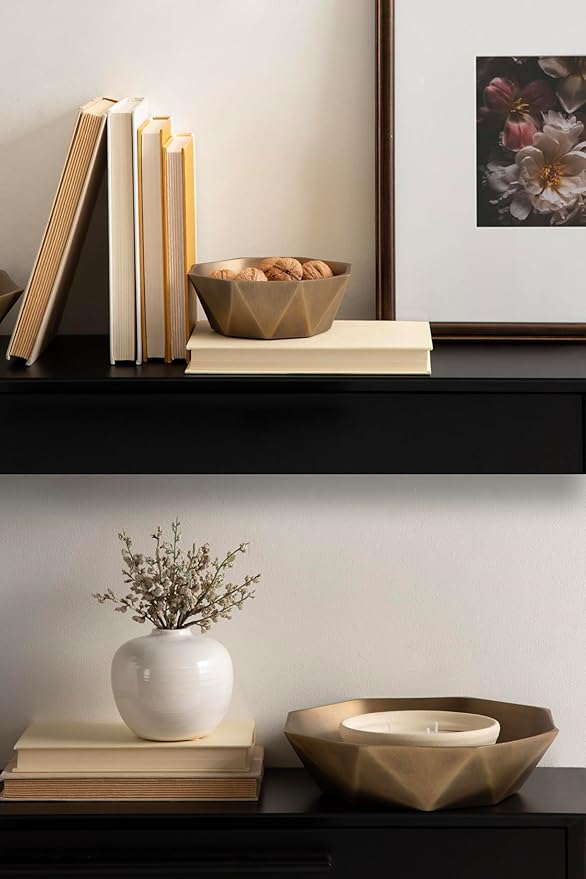 Kate and Laurel Octave Decorative Faceted Metal Bowls, Set of 2, Antique Brass, Cast Aluminum Food-Safe Fruit Bowls for Kitchen Counter or Use as a Key Bowl Set for an Entryway Table