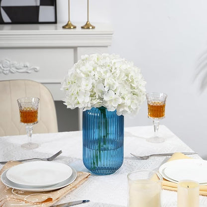 Ribbed Glass Vase, Blue Flower Vase for Bouquet, Glass Vases for Flowers, Modern Vases for Living Room, Bedroom, Kitchen, Dining Table, Office, Wedding, 8.6 Inches