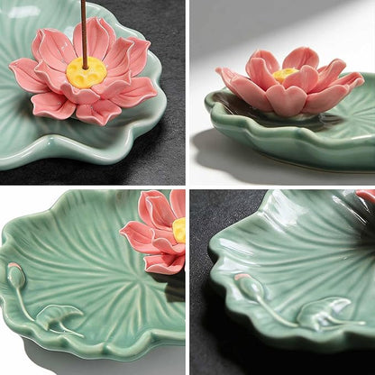 Lotus and Leaf Incense Stick Holder with Hole, Green Porcelain Incense Tray Ash Catcher for Spa, Meditation Room, Yoga, Home, Office, Ash Tray, Jewelry Tray