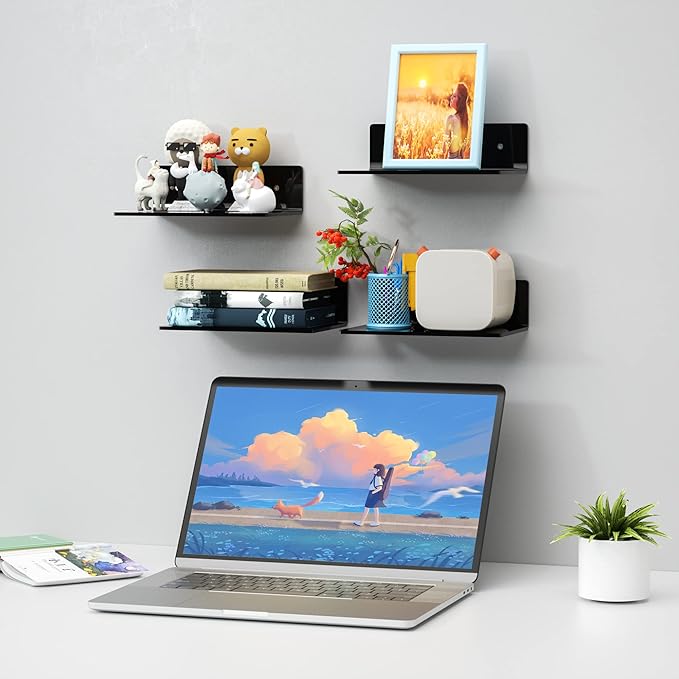 Sezanrpt 9 Inches Acrylic Wall Shelves 2 Pack, Floating Shelf for Wall Mounting, Acrylic Display Ledges for Funko Pop Figures, Home Décor, Living Room, Gaming Room, Plants(9 inch, Black)