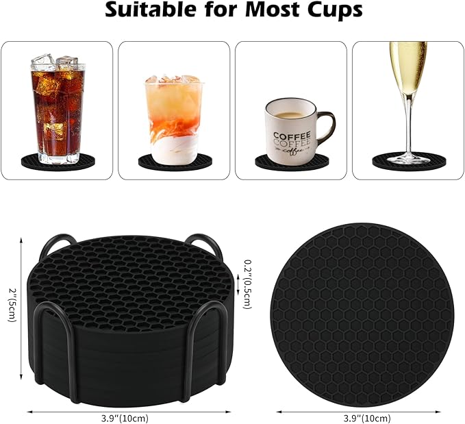 Silicone Coasters Set of 8 with Holder,Coasters for Drinks,Beer,Coffee Coasters,Suitable for Kinds Cups,Hot or Cold,Anti-SLI,Non-Stick,Anti-Overflow Tabletop Protection and Decor (8 Pcs, Black)