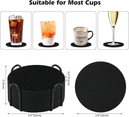 Silicone Coasters Set of 8 with Holder,Coasters for Drinks,Beer,Coffee Coasters,Suitable for Kinds Cups,Hot or Cold,Anti-SLI,Non-Stick,Anti-Overflow Tabletop Protection and Decor (8 Pcs, Black)