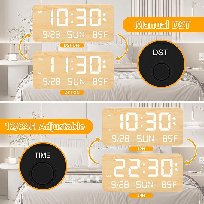 Wooden Digital Alarm Clock for Bedroom -Desk Clock with Date, Day of Week, Temperature, Dual Alarms, Dimmer, USB Port Charge, DST, Adjustable Volume for Living Room/Office Wood Decor (Bamboo)