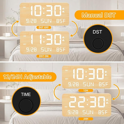 Wooden Digital Alarm Clock for Bedroom -Desk Clock with Date, Day of Week, Temperature, Dual Alarms, Dimmer, USB Port Charge, DST, Adjustable Volume for Living Room/Office Wood Decor (Bamboo)