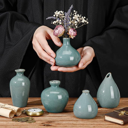 FoldTier 6 Pcs Green Mini Ceramic Bud Vase Vintage Flower Vases Ice Cracked for Farmhouse Rustic Boho Style Table Shelves Home Office Decor Gifts(Classical,Green)