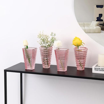 MCMCNCUIU Crystal Flower Vase Set of 4, Glass Vases for Centerpieces, Pink Vases for Flowers, Small Vase for Living Room, Bedroom, Kitchen, Office, Wedding