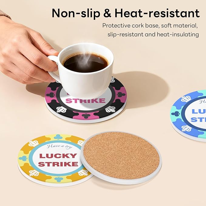 6-Piece Ceramic Coaster Set with Tray Diameter: 3.94 in Thickened Absorbent Material Heat-Resistant and Water-Absorbent Coaster Set Suitable for All Types of Cups， Lucky Alphabet