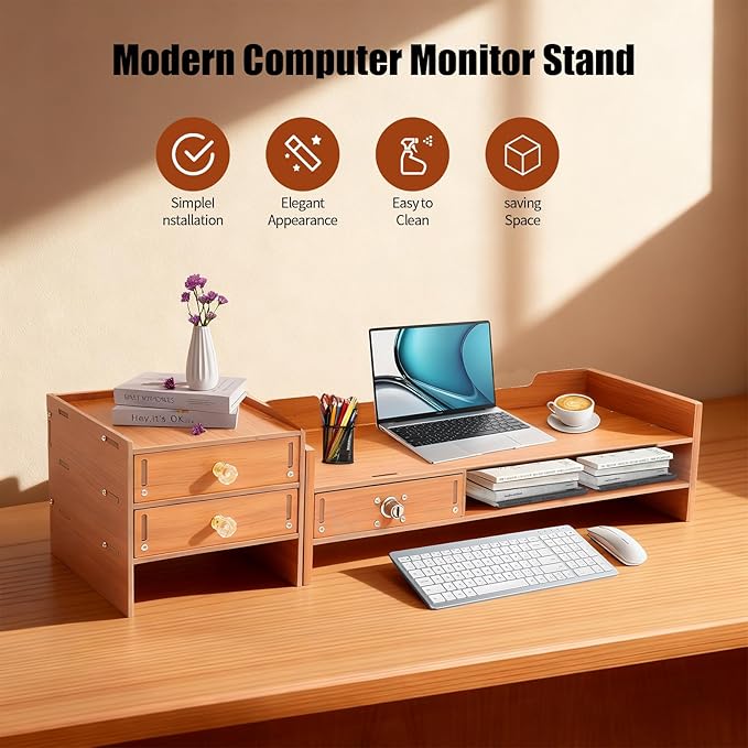 Wood Monitor Stand Riser with 3 Drawers & Lockable Storage – Desktop Organizer for Computer, Laptop, and Office Supplies, Ergonomic Monitor Stand for Desk, Workspace Organizers & Accessories