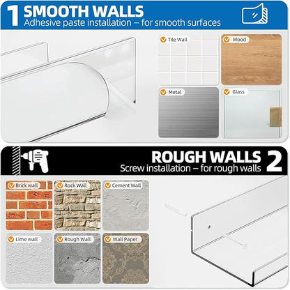 Albumgit 2 Pack Acrylic Shelves for Wall Storage, Self-Adhesive 15" Clear Floating Shelf for Figures, Photo, Makeup, Book, Wall Mounted Shelves for Bathroom, Living Room, Bedroom, Kitchen