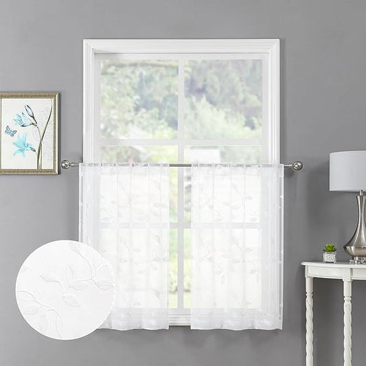 Tollpiz White Leaf Sheer Tier Curtains Leaves Embroidered Kitchen Short Curtain Rod Pocket Voile Bathroom Curtains for Cafe, 30 x 24 inches Long, Set of 2 Panels