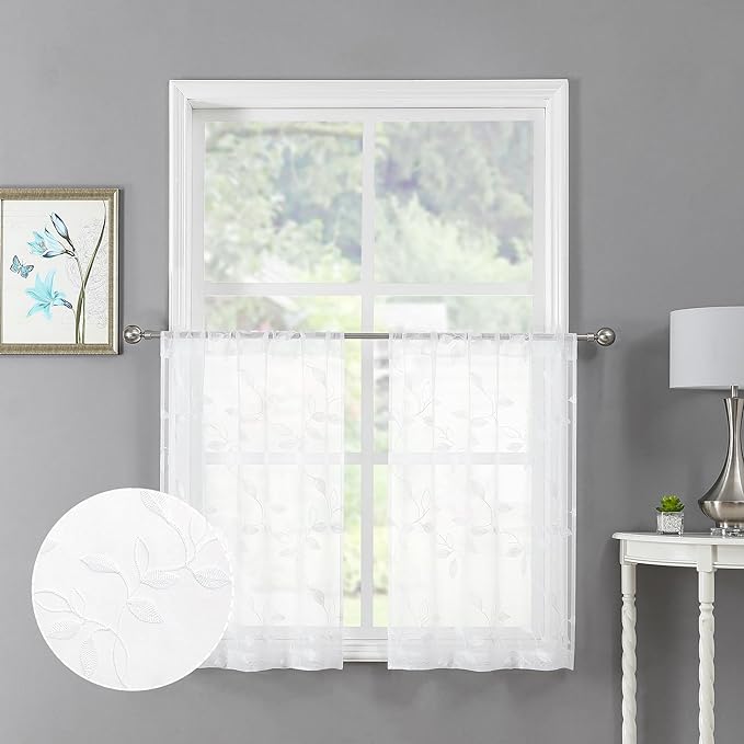 Tollpiz White Leaf Sheer Tier Curtain Leaves Embroidered Kitchen Curtains Rod Pocket Voile Bathroom Window Treatment for Cafe, 30 x 36 inches Long, Set of 2 Panels