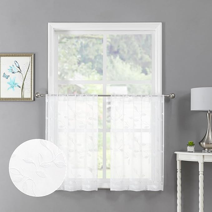 Tollpiz White Leaf Sheer Tier Curtains Short Kitchen Leaves Embroidered Curtain Rod Pocket Voile Bathroom Window Treatments for Farmhouse, 30 x 30 inches Long, Set of 2 Panels