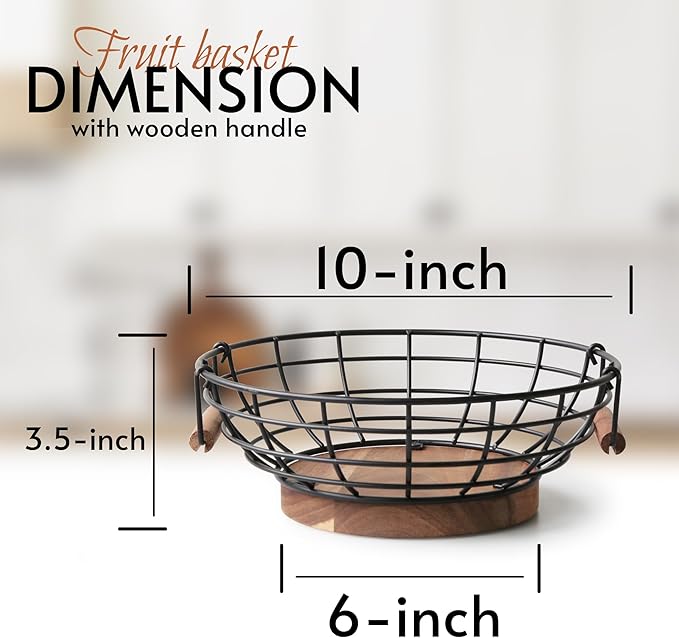 Fruit Basket,black Wire Basket with Acacia Wood Base,large Fruit Bowl for Countertop,black Baskets for Fruits, Breads, Vegetables Storage. (10-inch)