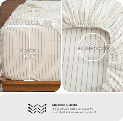 MooMee Striped Sheet Set 100% Washed Cotton Linen Like Textured Breathable Durable Soft Comfy (White Tannish Linen Grey Wide Stripes, King)