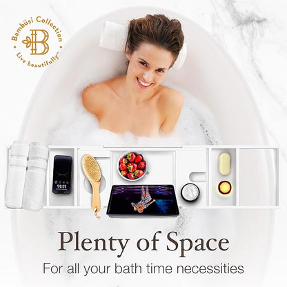 Wooden Bathtub Tray - Foldable & Expandable Bamboo Bath Tray for Tub with Wine Holder, Book & Tablet Stand - Bath Caddy Tray for Bathtub, Spa Bath Accessories, Tub Tray Table, Gifts for Her (White)