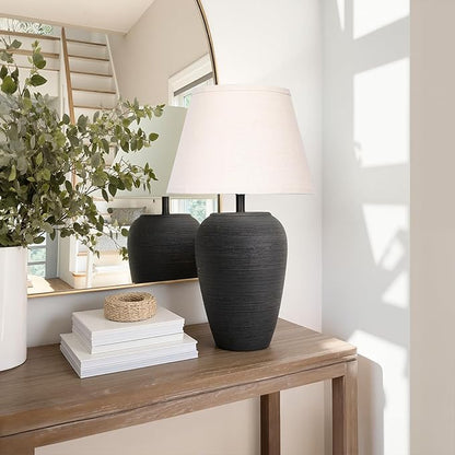 Ceramic Pot Table Lamp 21.25 inch Tall Striped Nightstand Lamp, Tapered Fabric Shade Bedside, Ceramic Decorative for Living Room Bedroom House Office Entryway, TL2