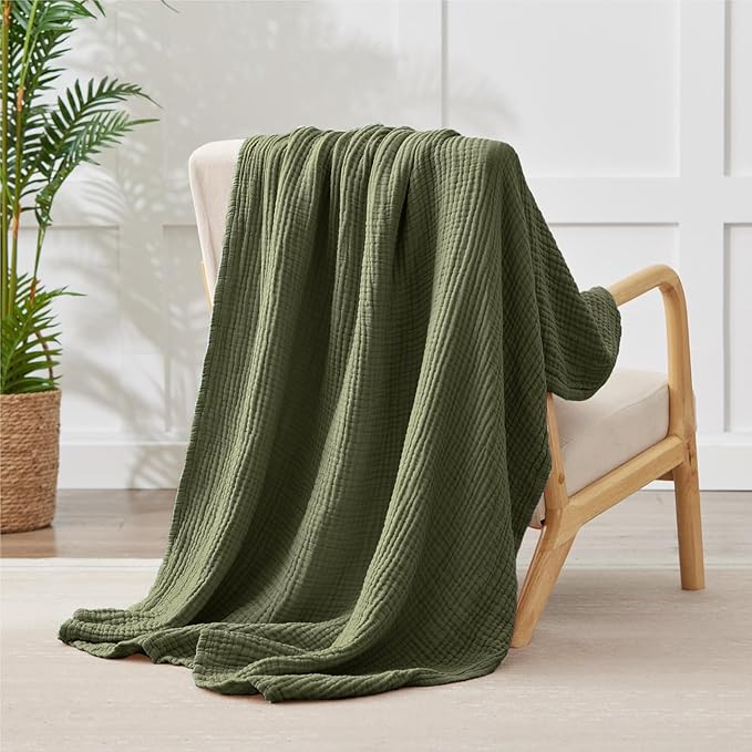 100% Cotton Muslin Blanket 40" x 40", Breathable and Lightweight Cotton Throw Blankets, Soft Cooling Summer Gauze Blanket for All Season, Oive Green