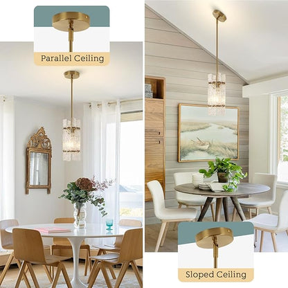 Modern Gold Crystal Pendant Light for Kitchen Island, Luxury Mini Water Ripple Glass Chandelier Lights Fixture, E26 Square Adjustable Hanging Pendant Lighting for Dining Room Bedroom (1-Pack)