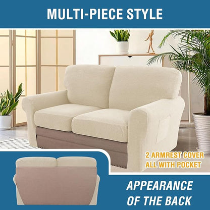 H.VERSAILTEX Multi-Pieces Sofa Covers Stretch Couch Covers Form Fitted Seats and Back Cushions Covers (2 Seat Covers Plus 2 Back Cusion Covers, Bonus 2 Armrest Covers), Natural